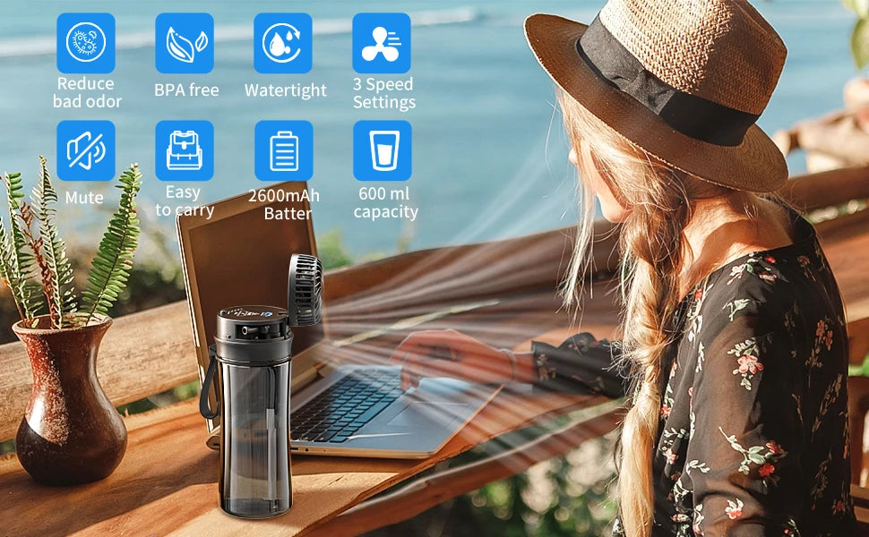 2-In-1 Plastic Water Bottle With Fan Including 3 Different Speeds